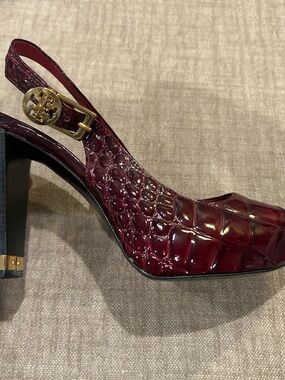 Tory Burch Croc-Embossed Burgundy Slingback Pump with Gold Logo
